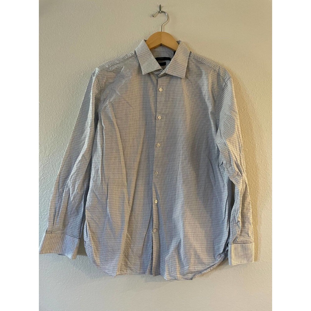 John Varvatos Regular Fit Size 16 1/2 Mens Blue White Plaid Collared Long Sleeve